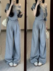 Womens Sportswear Set Summer Loose Slimming Korean Fashion Short Sleeve Long Pants Casual Two-Piece Set Running