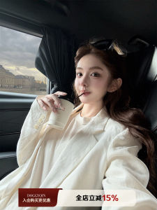 Natural Linen Thin White Suit Jacket DoggyQin Summer Loose Feeling Top Womens Fashion Slim Fit Long Sleeve Solid Color