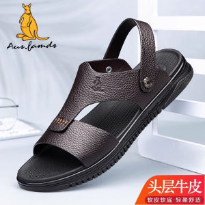 Aussie Famous Kangaroo Mens Sandals 2025 New Leather Luxury Casual Beach Shoes Thick Bottom Anti-slip Dual-use Slippers