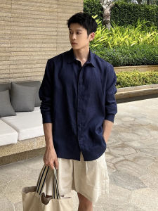 OUMULONG | Mature Light Style Blue Linen Mens Shirt