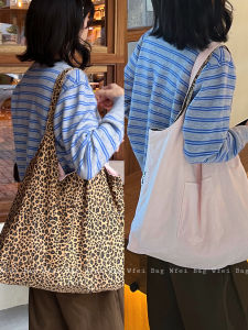 Double-Sided Canvas Leopard Print Shoulder Bag Pink Versatile Lazy Style Large Capacity Tote Bag Korean Style Shopping Bag