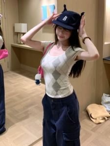YUEZHONGWEI | Color-blocked Plaid Ice Silk Knit Straight Shoulder Slim Fit Summer T-Shirt