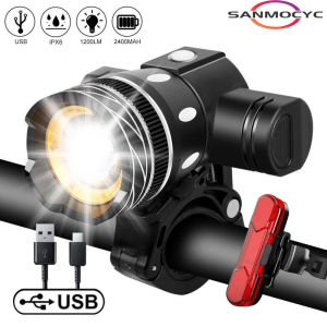 NEW T6 LED Bicycle Front Light USB Rechargeable Lantern 2400mAh for Zoom Bike Headlight Cycling Flashlight MTB Bike Accessories