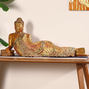 พระนอนไม้แกะสลักไทย แบบวัดไทย สไตล์เอเชีย ตกแต่งบ้านทรงพุทธศิลป์ (พระไม้ศักดิ์สิทธิ์)