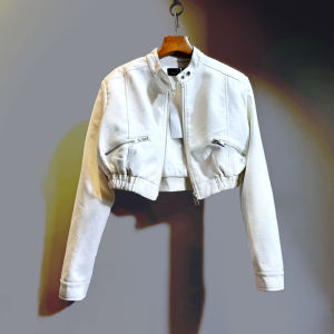Quality Version Short Motorcycle Jacket Top High Waist PU Leather Womens Fashionable Versatile Short Style Long Sleeve Stand Collar