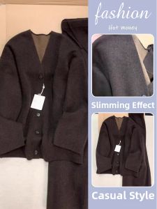 NUANPING | Soft & Gentle V-Neck Knit Sweater Rope Detail Wide Leg Pants Set Winter