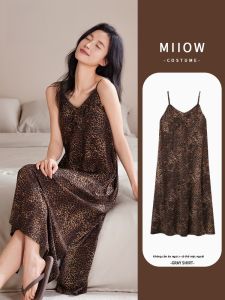 MiiOW | Váy ngủ dài mùa hè gợi cảm có đệm ngực cho nữ Váy ngủ dài có dây đeo vai Áo ngủ lụa cho nữ Váy ngủ họa tiết da báo sang trọng