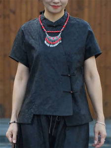 QINGNAER | Zen Elegant Plus Size National Style Cracked Pattern Mandarin Collar Slanted Placket Shirt