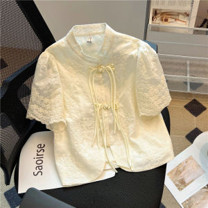 Big Sale Leak-Picking ~ Summer New Chinese Style Machine Embroidery Chinese Knot Button Shirt Female Puff Short Sleeve Stand Collar Lace Shirt Top