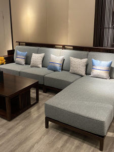 New Design L-Shaped Sofa Simplistic Teak Wood Fabric Corner Couch Chinese Style Furniture with Storage Space Sponge Filling