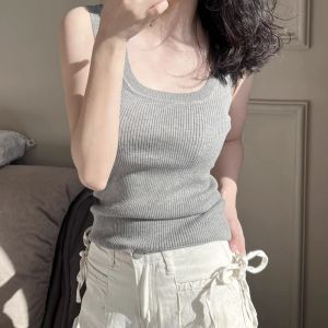 เซ็กซี่ ถัก เสื้อกั๊ก ผู้หญิง ฤดูร้อน แขนกุด ชั้นฐาน เสื้อกล้าม พร้อม ชุดสูท สลิมฟิต ชุดทํางานสีบริสุทธิ์ยาวสั้น I-type