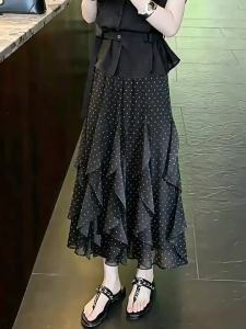 XUNYI | Chân Váy Xòe Dáng A Cao Waist Chấm Bi Voan Hoa Rút Nếp