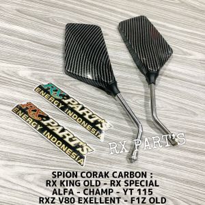 SPION YAMAHA CARBON RX KING RX SPECIAL RX S ALFA CHAMP YT 115 RXZ V80 EXELLENT DELUXE FIZ OLD Kaca cembung  Tangkai chrome krom model original  BONUS : STICKER RX PART’S ENERGY INDONESIA + LOGO STICKER YAMAHA  Barang sesuai dengan yg ada di foto