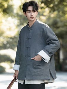 Tang Suit Mens Chinese Style Winter Cotton plus Thickened Padded Jacket Retro Style Cotton and Linen Han Costume Cotton-Padded Clothes Plus Size Chinese Knot Button Coat Tide