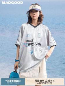 Madgood Polyester Fabric Football T-shirt Summer Stripe Silk Luster Printed Sport Elements Street Style Loose Fit round Neck