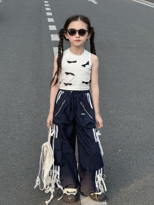 Girls Sporty Vest Summer Outerwear Trendy Korean Style Cool Clothes for Big Kids Sleeveless round Neck Butterfly Pattern
