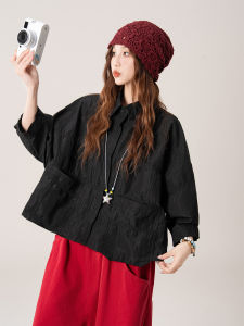 SHANGWEILUO | Textured Large Pocket 7/8 Sleeve Loose Summer Women Shirt