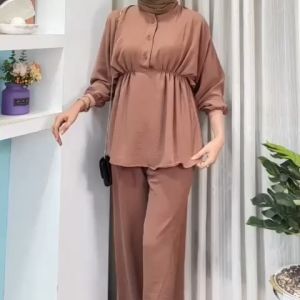 One set setelan wanita crincle serut depan kancing frelli ld 110cm pakaian wanita kekinian terbaru bisa bayar ditempat cod