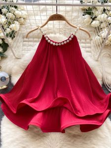 Elegant French Style Ruffles Pearl Chain Design Sleeveless Tank Top for Women Superior Quality Plush Feel Material
