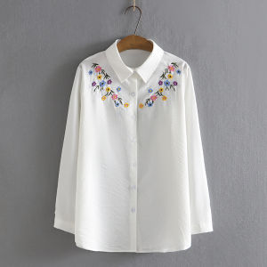 Áo Sơ Mi Dài Tay Thường Ngày Mùa Thu Cho Nữ Cỡ Lớn Thêu Hoa Trên Ngực Sọc Phong Cách Nghệ Thuật Thoải Mái Cotton Dáng Rộng