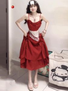 CHANGTONG | French Style Beautiful Unique High-End Red Strap Dress Beach Vacation Stunning Long Skirt A-Line Sleeveless One-Shoulder Gown