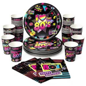 80s Birthday Decorations Hip Hop Disco Theme Cups Plates Napkins Disposable Tableware Set I Love The 80s Retro Party Supplies