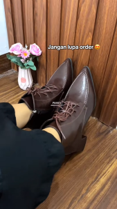 PINKEY P367 Sepatu Boot Kulit Wanita Model Tali Hak Tinggi Model Terbaru Boots