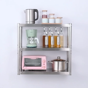 Rak Dinding Dapur 2 Susun Stainless Steel 304 Untuk Oven Microwave Rak Bumbu Baja Tahan Karat