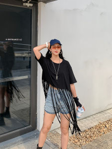 ผู้หญิง เสื้อยืดแขนสั้น ฤดูร้อน ผ้าฝ้าย สไตล์โบฮีเมียน Hem Midi ยาว เรียบง่าย เดรปสีทึบ เสื้อท่อนบน สตรีทแวร์