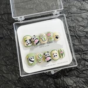 Cute Cartoon Little Panda Cat Claw Short round Style Handmade Nail Art White Enhancing Wearable Nails Rotating Girl Heart
