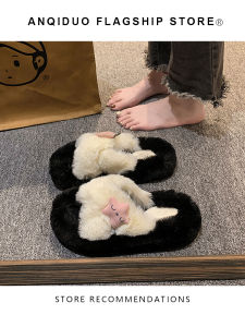 Angel Style Sweet Fur Slippers Womens Outdoor Wear Fall New Thick Bottom Cross Home Cotton Slippers Korean Version PU up Rubber Outsole