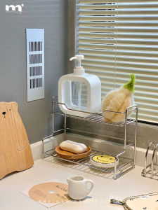 ชั้นวางของแบบสองชั้นทำจากเหล็กไนลอนสำหรับห้องน้ำ จัดระเบียบเครื่องสำอาง ความจุขนาดใหญ่ ชั้นวางของสำหรับโต๊ะทำงาน