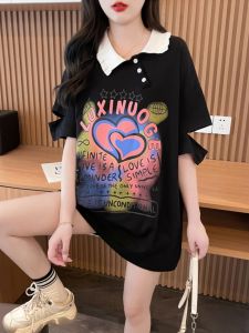 Loose Korean Style Womens Short Sleeve Polo Shirt T-Shirt Pure Cotton Summer Casual Fashion Small Size Large Size Top