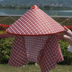 หมวกฟางผ้าฝ้าย Pastoral สําหรับผู้ชายและผู้หญิงที่มีชายคาขนาดใหญ่สไตล์บล็อกสีเรขาคณิตสําหรับแรงงานกลางแจ้งและการหยิบชา