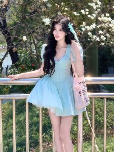 VKSOD | Váy chữ A tay bồng cổ chữ V phong cách Pháp cho nữ mùa hè 2025 mới nhỏ gọn eo thon gọn váy ngắn chữ A