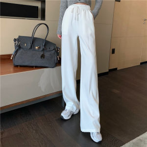 กางเกงกีฬาขากว้างเอวสูงสีขาว ทรงหลวม ทรงหลวม ฤดูใบไม้ร่วง 2024 กางเกงขายาวลำลองสำหรับผู้หญิง