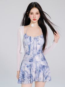 Chic Chinese Style Conservative One-Piece Swimsuit Cover up Tankini Womens Thermal Spa Swimming Costume Slimming Concealing