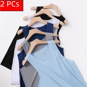 Mens round Neck Ice Silk Seamless Vest Summer Thin Cool Sport Sleeveless Sweatshirt White Underwear Base Layer Thermalwear
