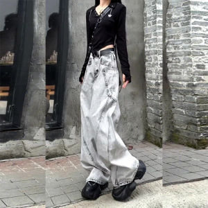 Retro Distressed Straight Leg Wide Leg Pants Heavy Embroidery Cool Denim Womens High Waist Long Zipper Fly Jeans