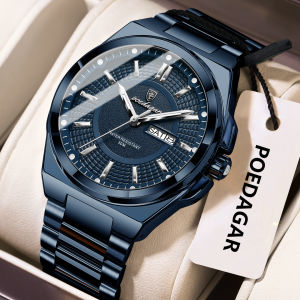 POEDAGAR Fashion Classic Men Wristwatches Stainless Steel Waterproof Luminous Man Watch Date Week Quartz Business Mens Watches