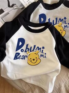 100% Pure Cotton Long Sleeve T-Shirt for Children Cartoon Winnie the Pooh Color Block Base Shirt for Baby Boys Girls Spring Autumn Wear