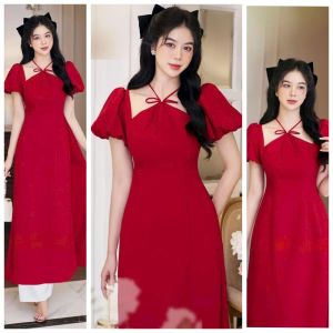 Set áo dài tay bồng cổ yếm cực xinh dịu dàng thanh lịch tao nhã ngày Xuân [NEW] diện Tết xinh xắn màu đỏ may mắn