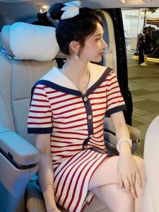 Missliu thời trang cao cấp Đầm dệt kim nữ mùa hè 2025 mới ngọt ngào eo kết cấu Phụ Nữ Ngắn Tay Chân Váy Sọc