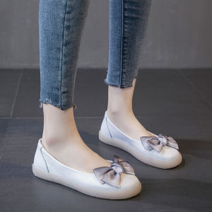 รองเท้าส้นแบนหนังแท้สวมใส่สบายสำหรับผู้หญิง ทรงหัวมน สไตล์ฤดูใบไม้ผลิและฤดูใบไม้ร่วง รองเท้าแบบสวมสไตล์เด็กเล็ก รองเท้าพื้นยาง