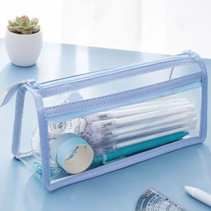 Multi-functional Transparent Pen Bag Double Layer Stable Triangle Base Pencil Case Large Capacity Stationery Bag Gift