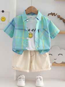 Class A Pure ผ้าฝ้าย เสื้อเชิ้ตแขนสั้น Thin ระบายอากาศได้ดี ลำลอง ลายสก็อต Boys Half Sleeve อินเทรนด์ เสื้อผ้าเด็ก ฤดูร้อน เสื้อเชิ้ต