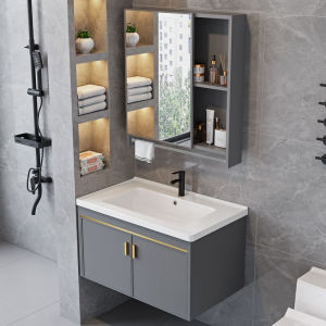 Lavatory Sink Complete Set: Vanity with Mirror & Aluminum Bathroom Cabinet