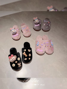 Cute Rabbit Plush Cotton Slippers Womens Winter Home Indoor Use Anti-Slip Rubber Sole Cartoon Style Youth Home Slippers