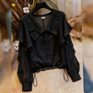 KUNAILIN | Luxury Style Ruffled Blouse with Puff Sleeves and Drawstring