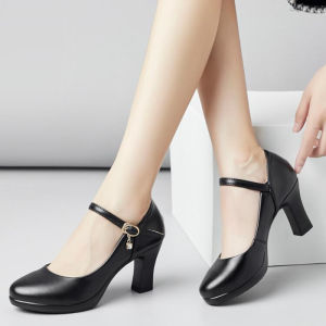 High Heel Fashion Show Shoes Real Leather Soft Bottom Thick Heel Single Shoe Performance Work round Head Womens Shoes